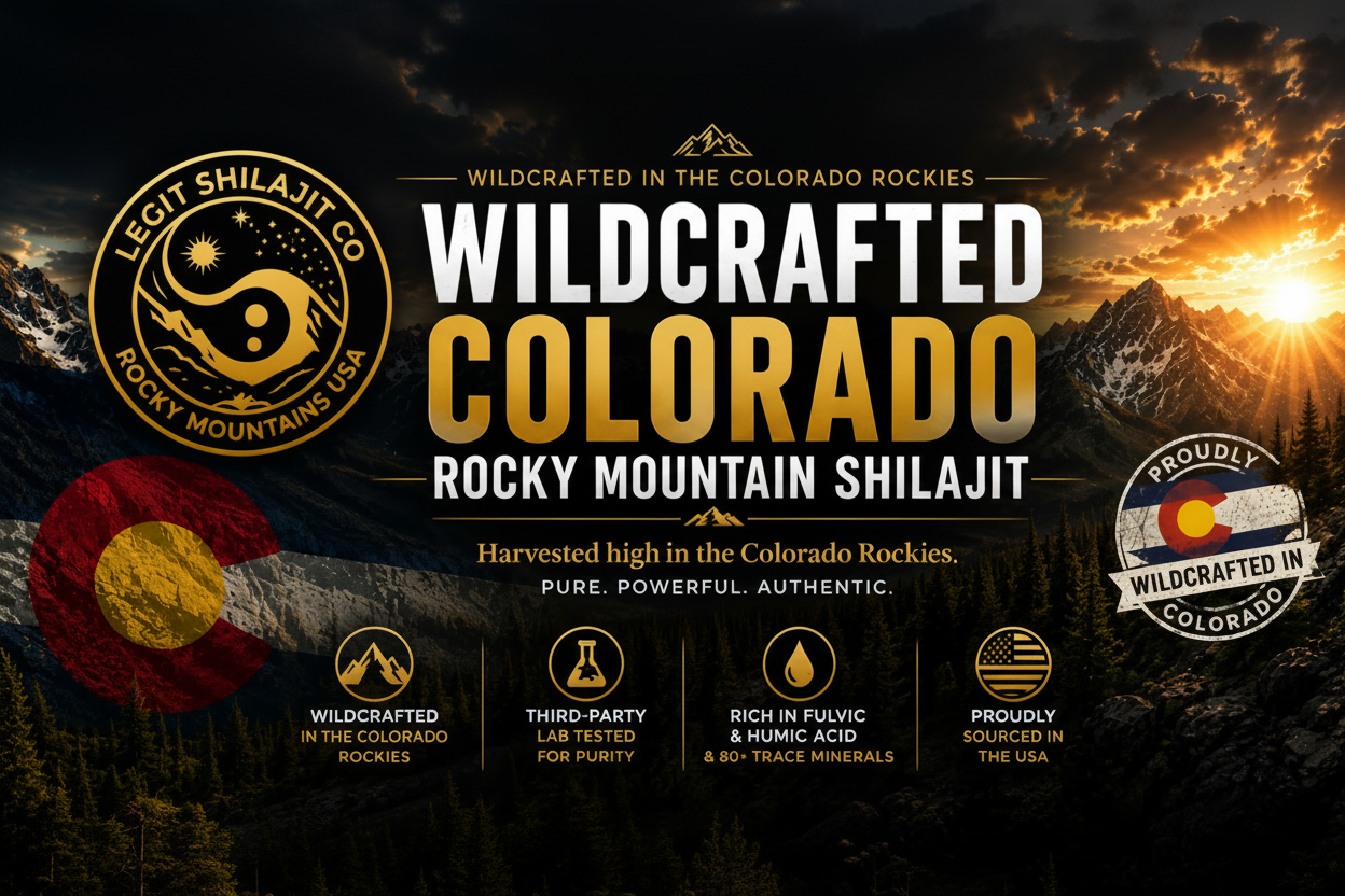 Promotional graphic for Wildcrafted Colorado Rocky Mountain Shilajit with mountain and flag design.